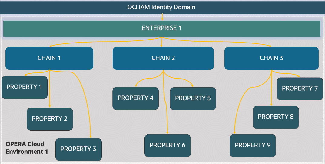 This diagram shows an enterprise consisting of multiple chains with multiple properties in a single environment.