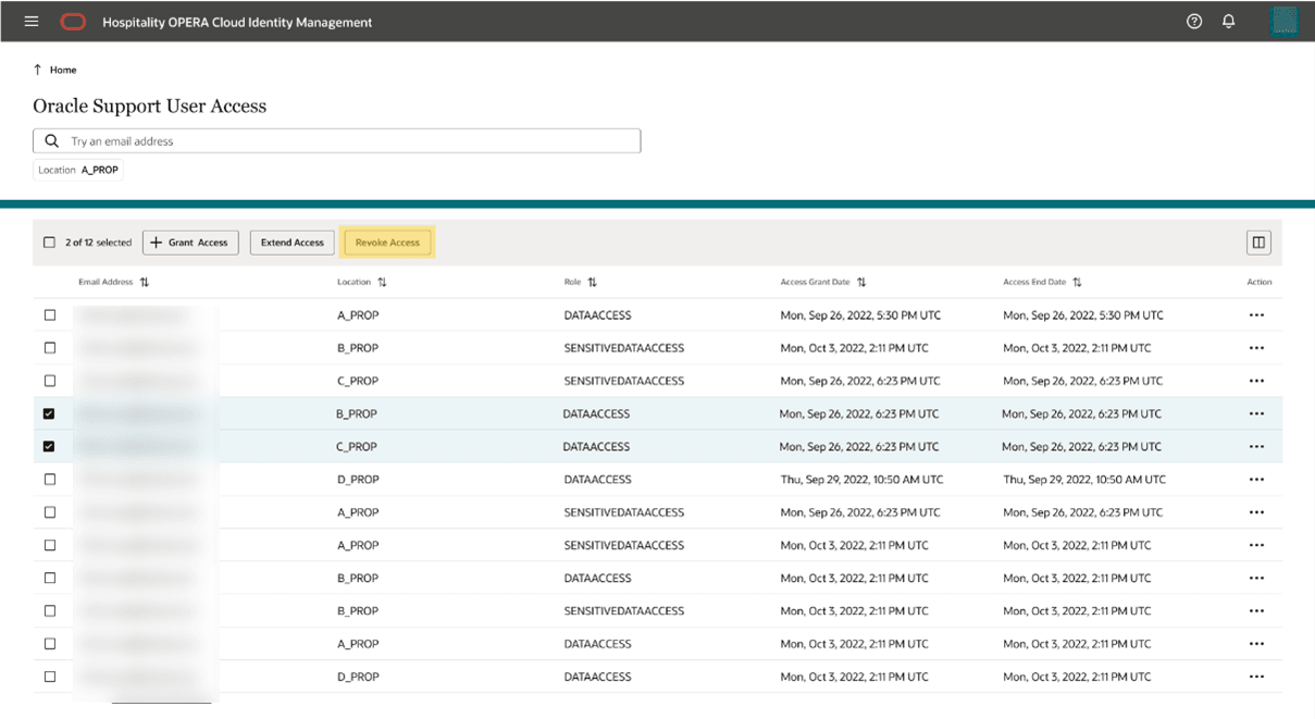 This image shows Oracle support user access - Revoke access multiple users