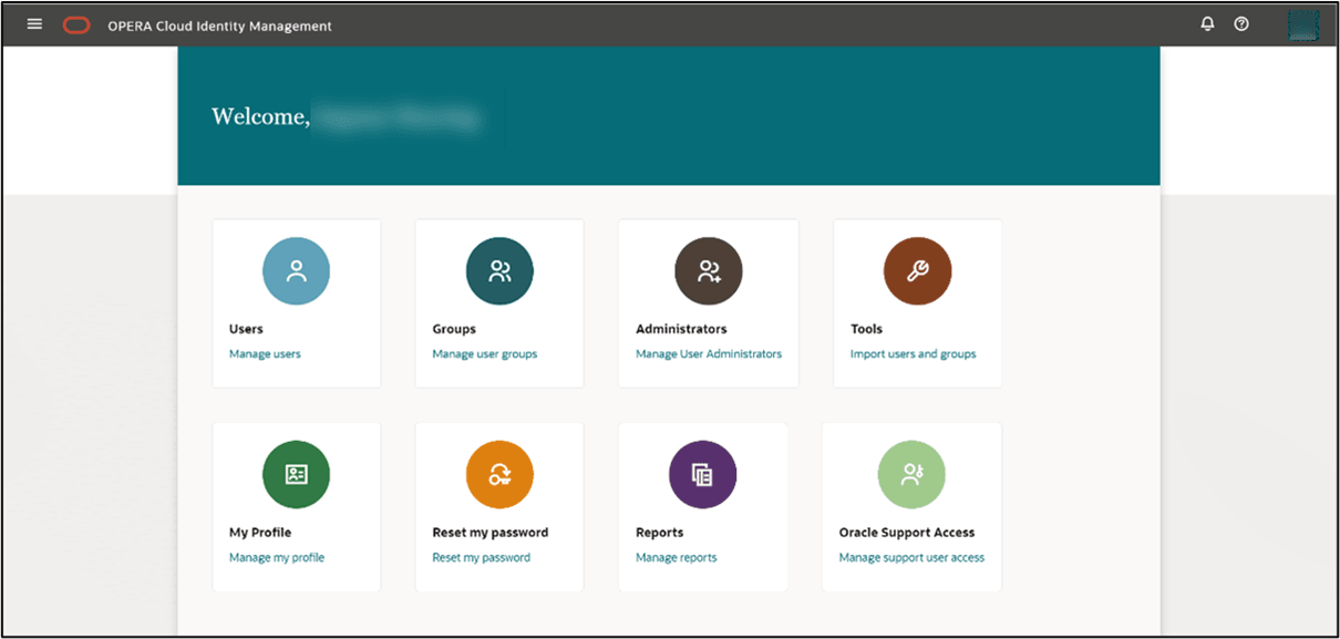 This image shows OPERA Cloud Identity Management welcome screen