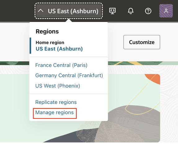 This image shows the Manage regions option from the Region menu.