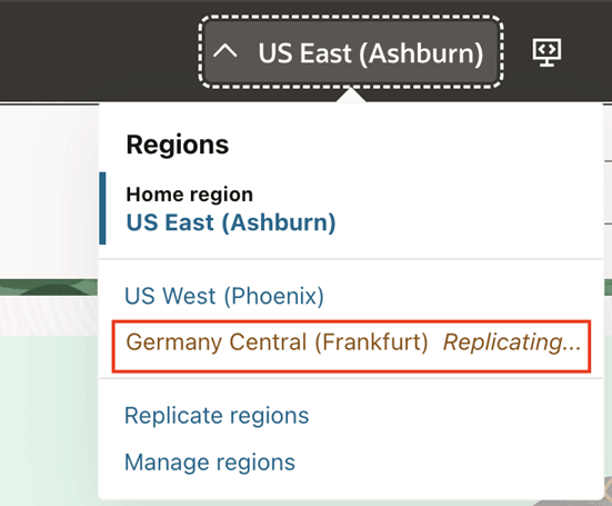 This image shows the Replicating status on the Region menu.