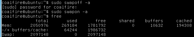 The image shows a screen capture of a command prompt after running the free command after space has been cleared.
