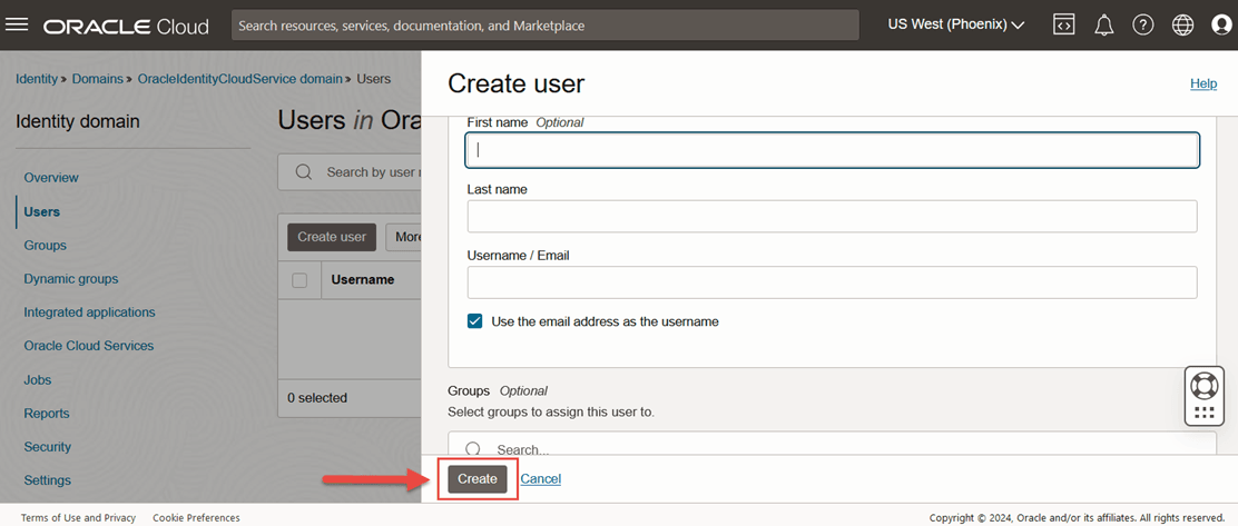 This image shows the Create user fields.