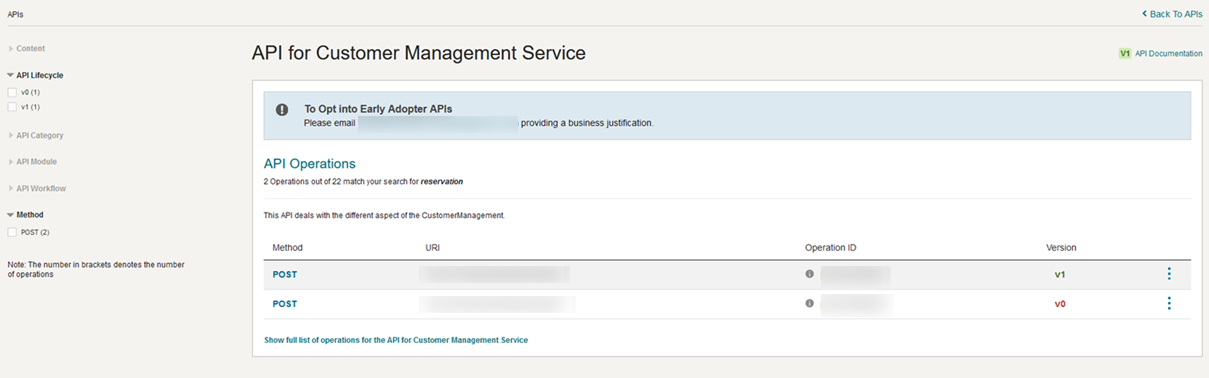 This figure shows the API page for the Customer Management Service.