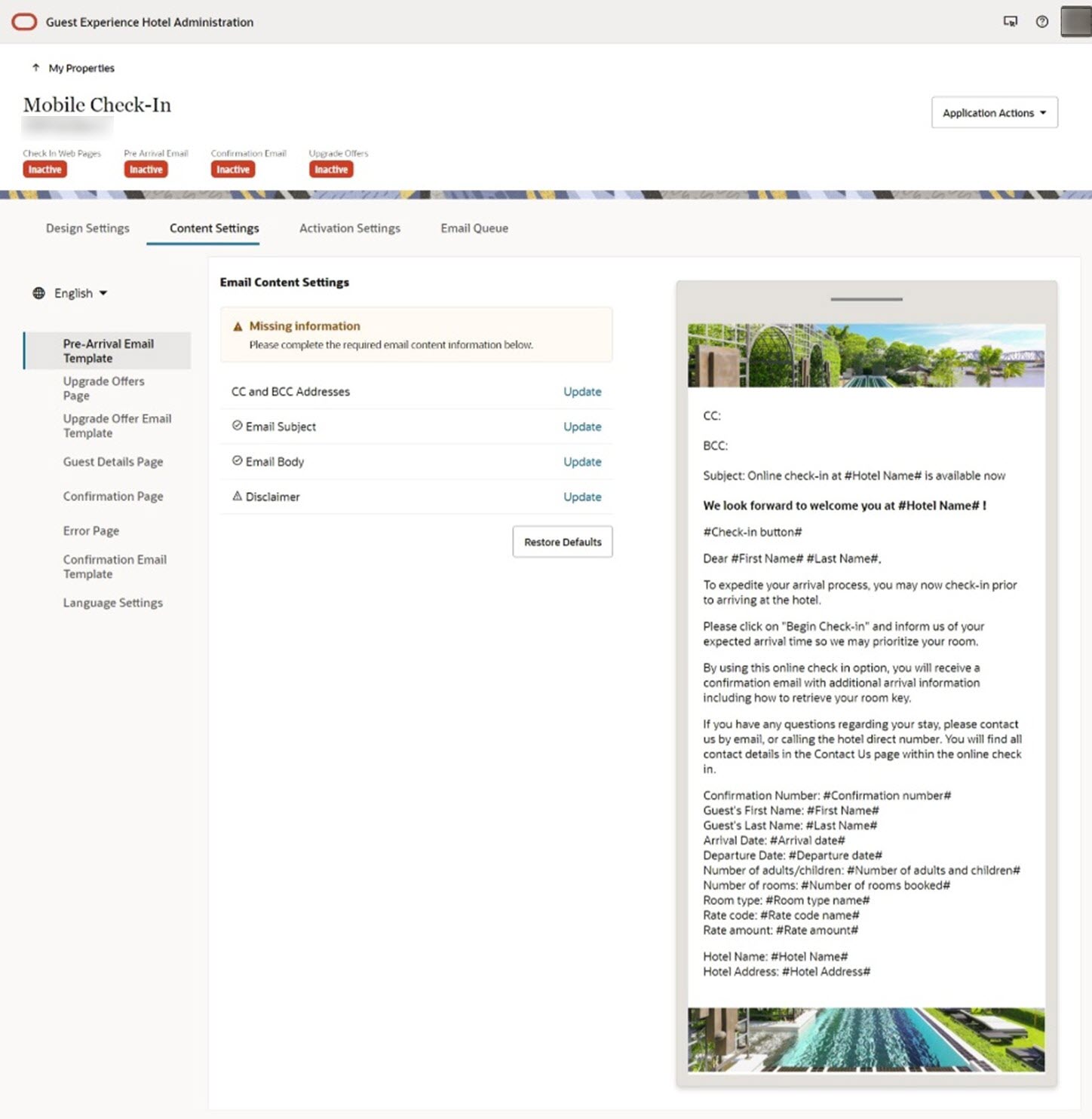 This image shows the pre-arrival email template.