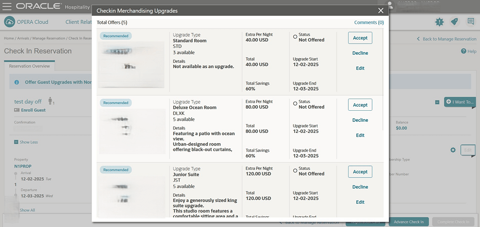 The Checkin Merchandising Upgrades screen showing upgrade offers.