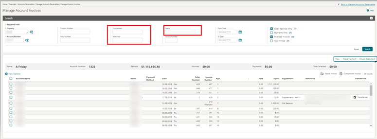 This image shows the Manage Account Invoices screen