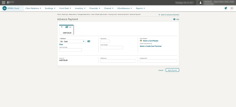 This image shows the Advance Payment screen