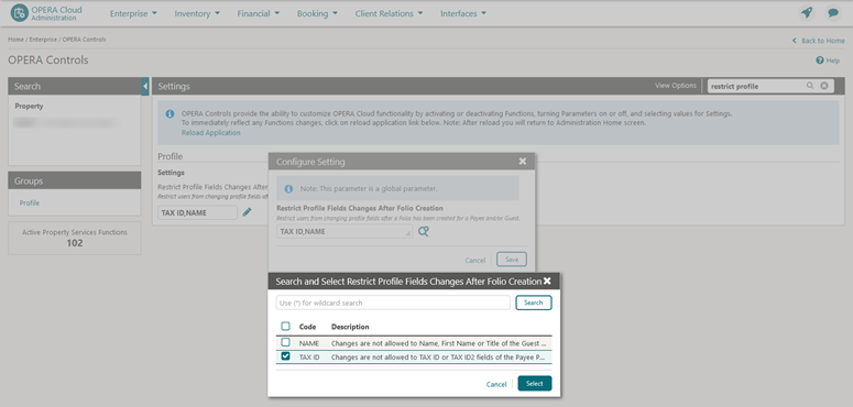 This image shows the Restrict Profile Change options after folio creation