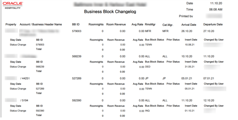 This image shows the Business Block Change log report