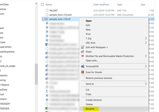 This figure shows the rename option for renaming the .rtf file.