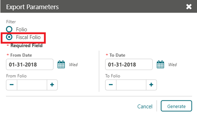 This image shows the Fiscal Folio option in the Export Parameters window