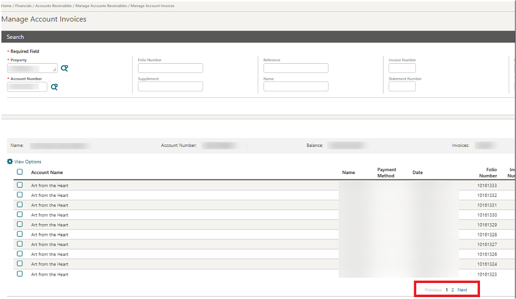 This image shows the Manage Account Invoices screen.
