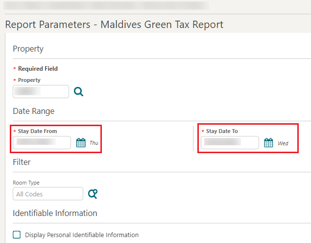 This image shows the Report Parameters for the Maldives Green Tax Report.
