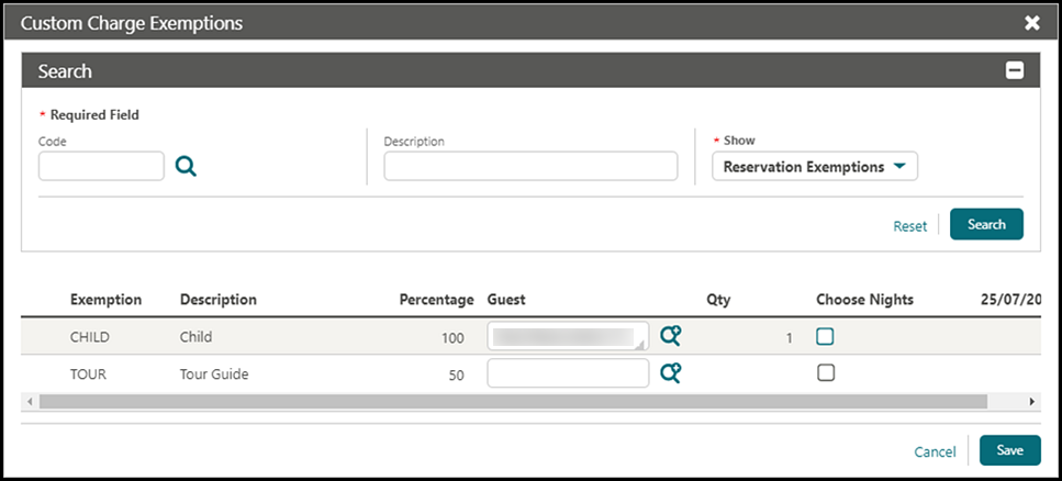 Image shows Custom Charge Exemptions search.