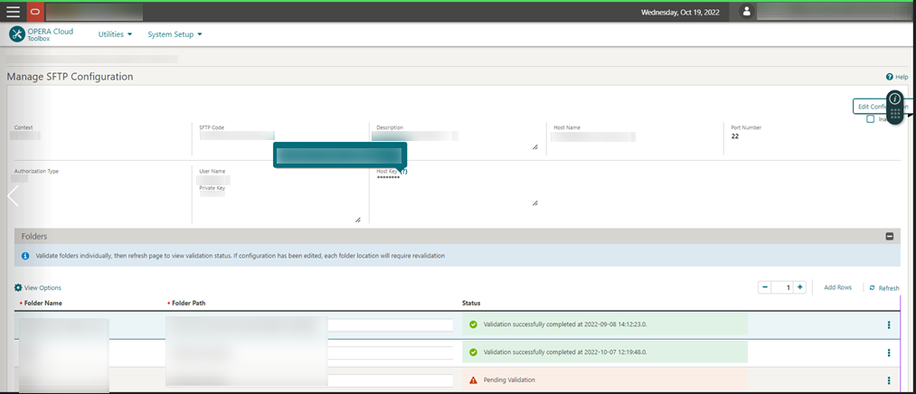 Shows Manage SFTP Configuration screen.