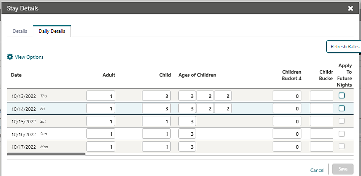 Image shows the Daily Details panel on the Stay Details screen.