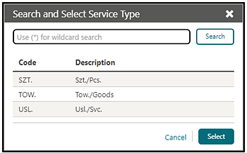 Image is the Search and Select Service Type dialog.