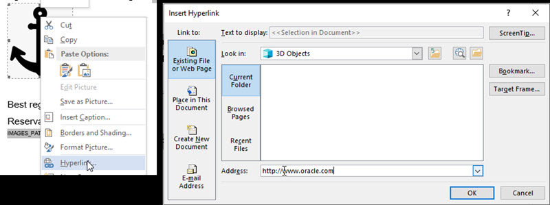 This figure shows the insert Hyperlink option for inserting a link in the template.