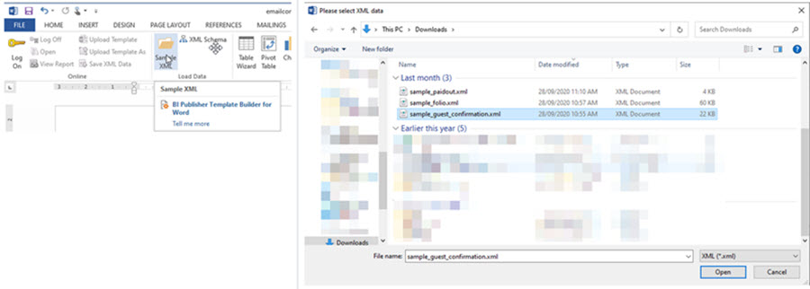 This figure shows the BI Publisher Template Builder for Word menu option.