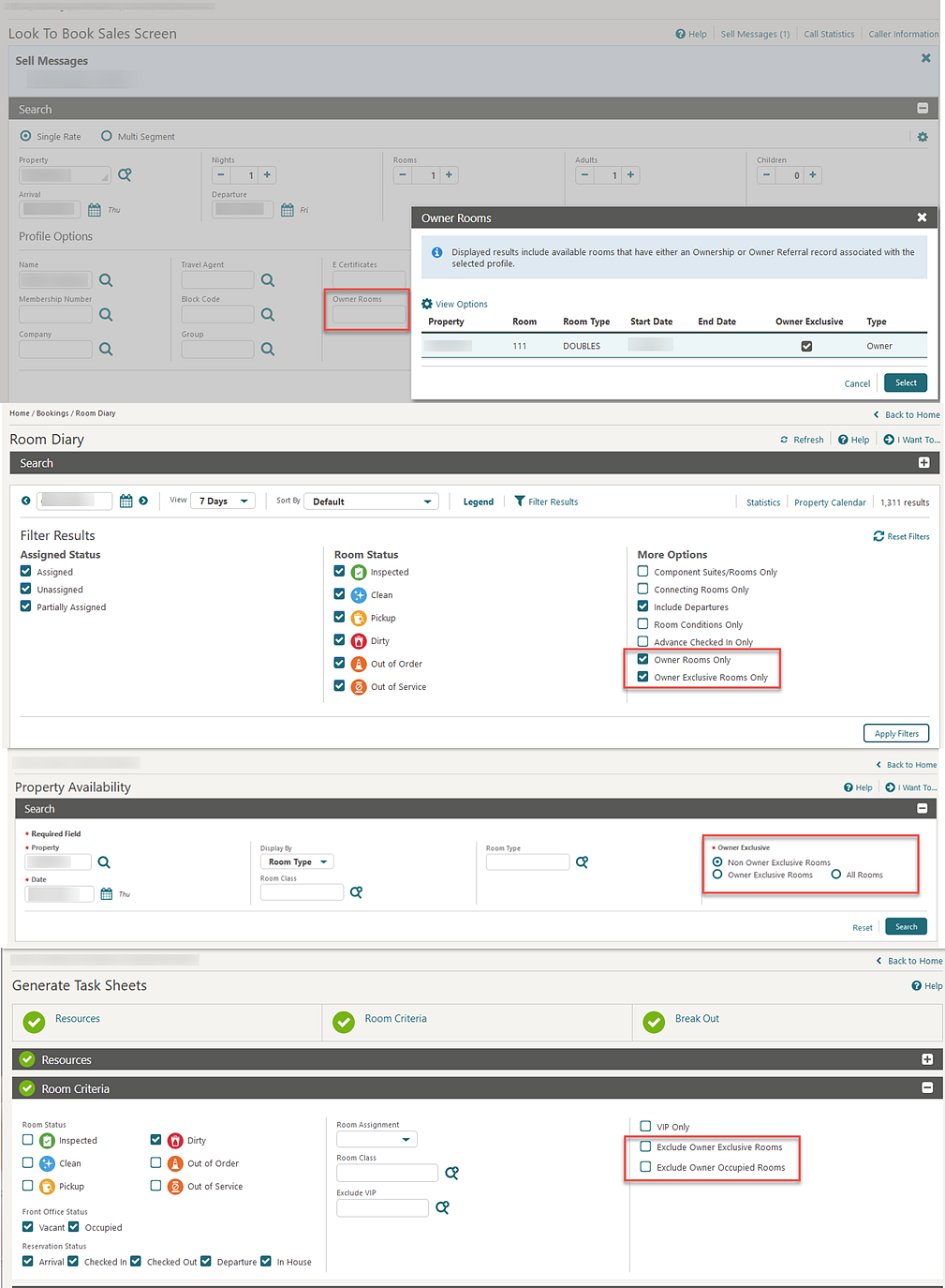 LTB, Room Diary, Property Availability, and Generate Task Sheets.