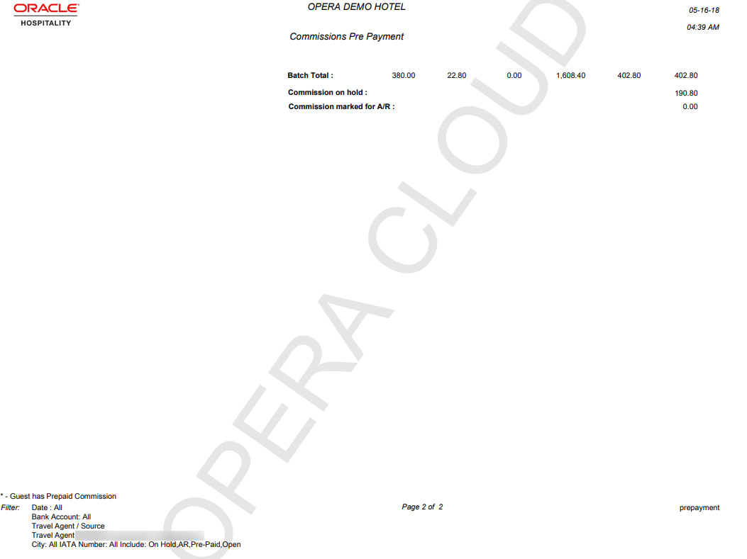 Page 2 of the Commissions Pre Payment report shows Batch Total, Commission on hold total, and Commission Marked for A/R total.