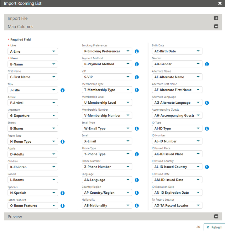 This image shows Import Rooming List panel with column mappings.