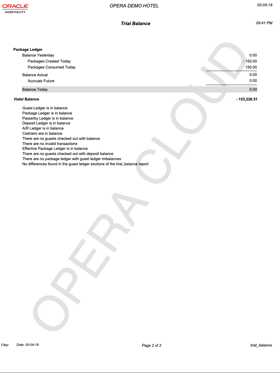 The second page report image shows the Package Ledger transaction, the Hotel Balance, and then lists the balance status of each ledger on the report as balanced.