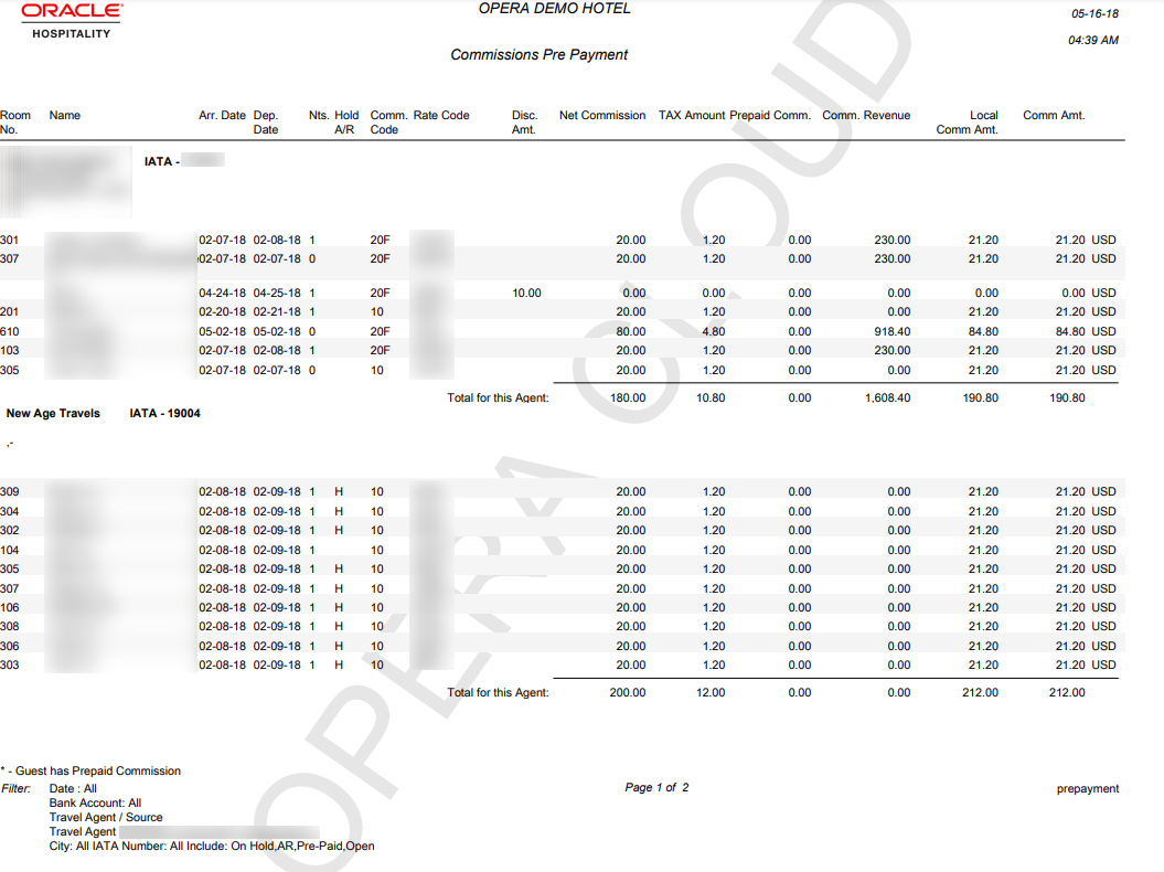 Report columns are Room No., Name, Arr. Date, Dep. Date, Nts.Hold A/R, Comm. Code, Rate Code, Disc. Amt., Net Commission, TAX Amount, Prepaid Comm., Comm. Revenue, Local Comm. Amt., Comm.Amt., and shows subtotals by travel agent and IATA.