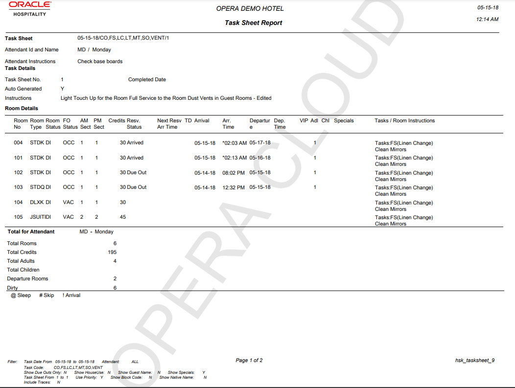 This report image shows Type 9 task sheet with the following information: Room No., Room Type, Room Status, FO Status, Section AM, Section PM, Credits, Reservation Status, Next Reservation Arrival Time, Turndown, Title, Guest Name, Arrival Date, Arrival Tim, Departure Date, Departure Time, VIP, # of Adults, # of Children Specials, Tasks/Room Instructions, Totals, Block Code, Traces.