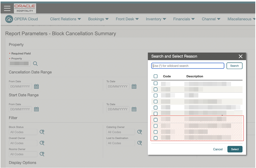 Report parameters - Block Cancellation Summary