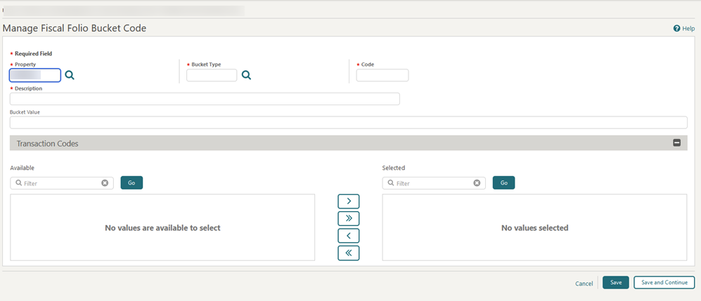 Image shows the Manage Fiscal Folio Bucket Code.