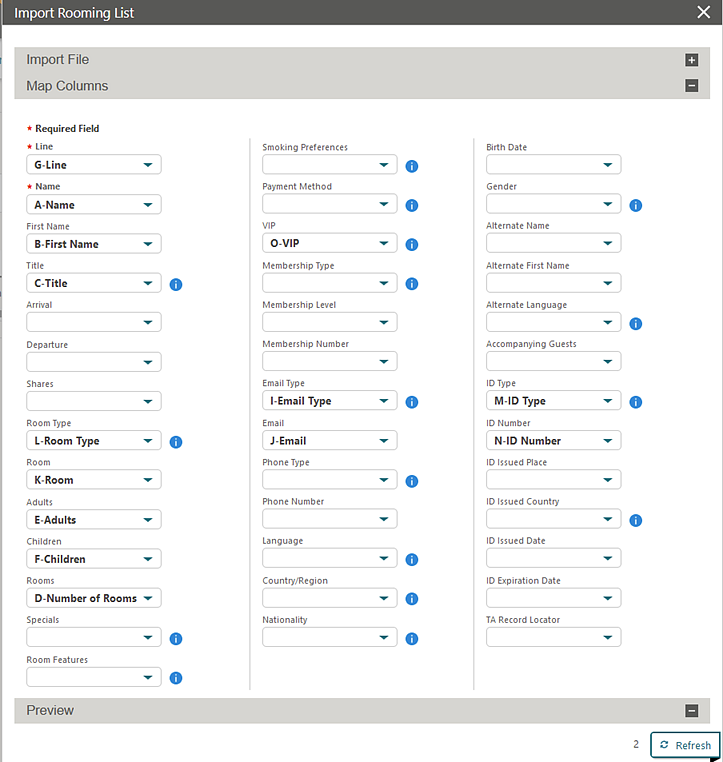 This image shows Import Rooming List panel with column mappings.