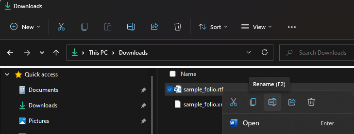 This figure shows the rename option for renaming the .rtf file.