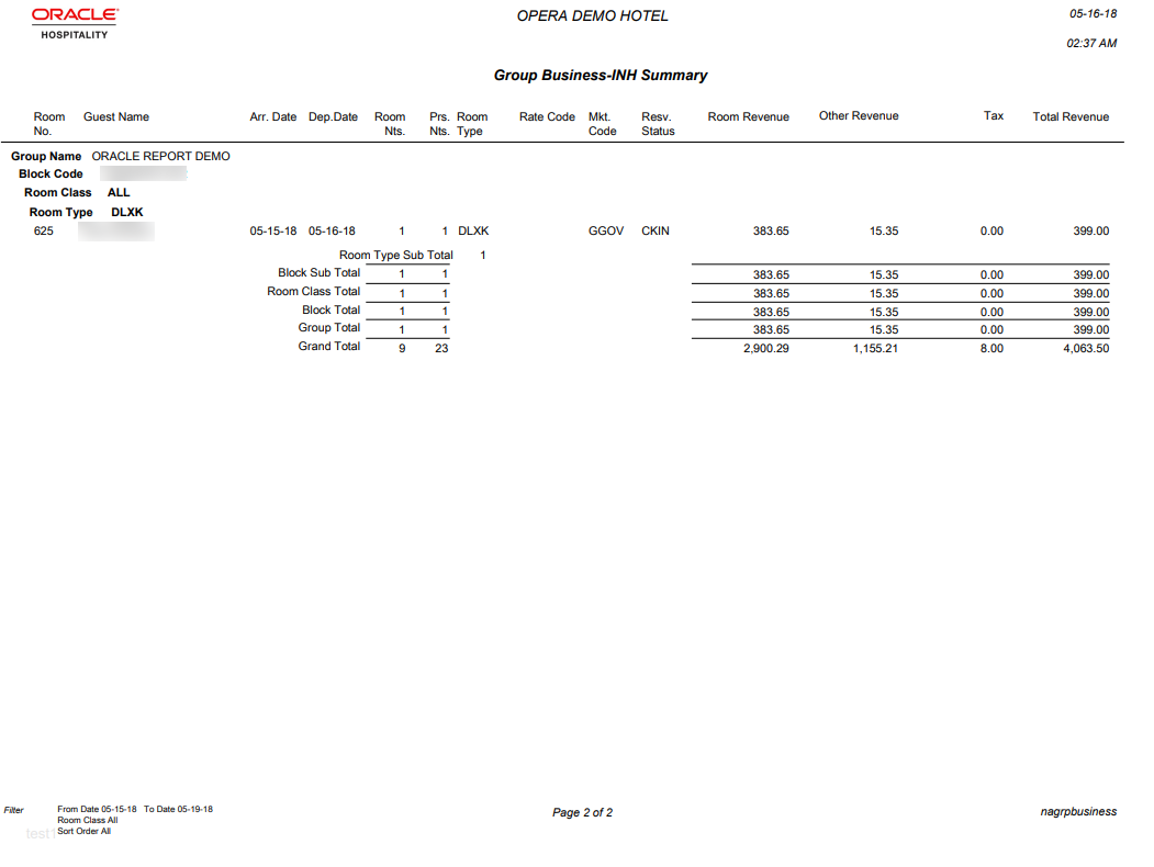 The report page 2 image shows the following columns: Room No. Guest Name, Arr. Date, Dep. Date, Room Nts., Prs Nts., Room Type, Rate Code, Mkt. Code, Resv. Status, Room Revenue, Other Revenue, Tax, and Total Revenue.