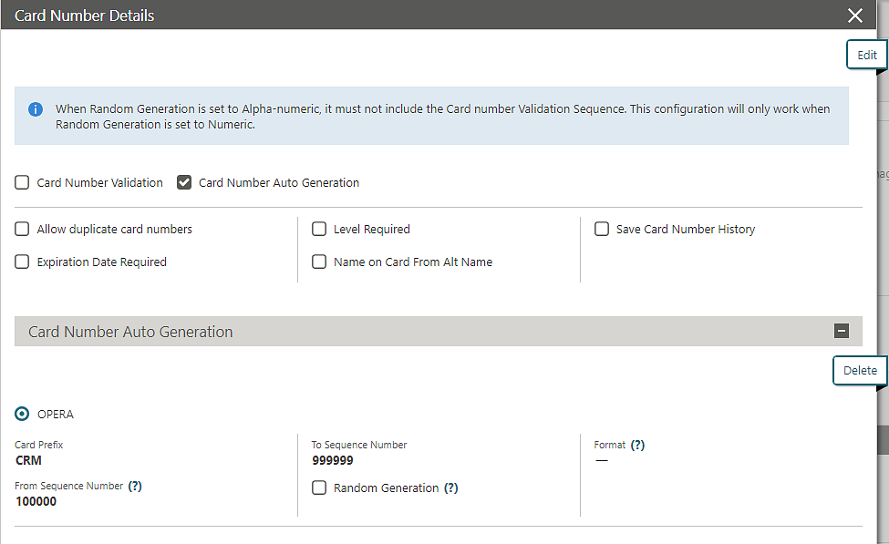 Card Number Details screen for validating card numbers and so on.