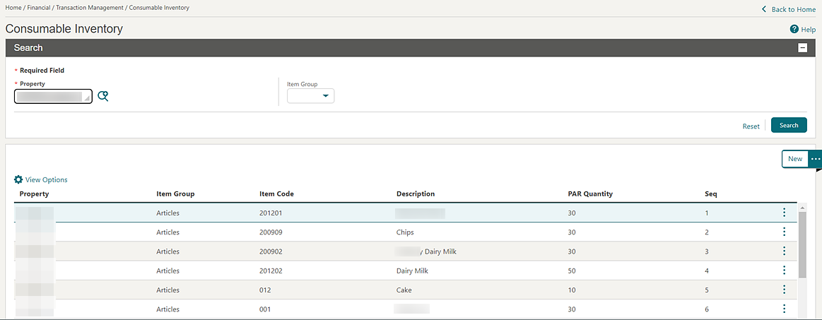 Consumable Inventory Search screen