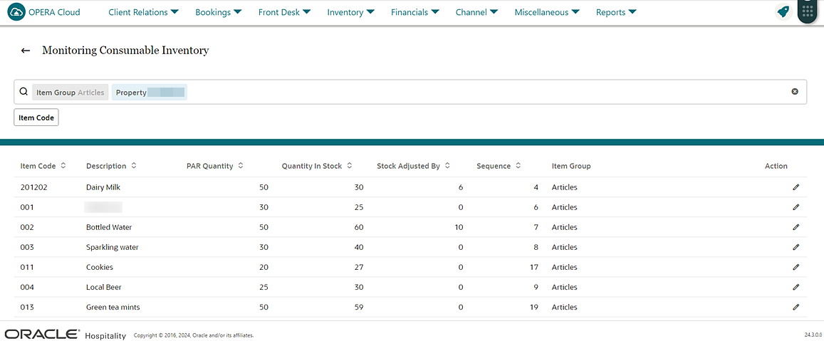 Monitoring Consumable Inventory screen