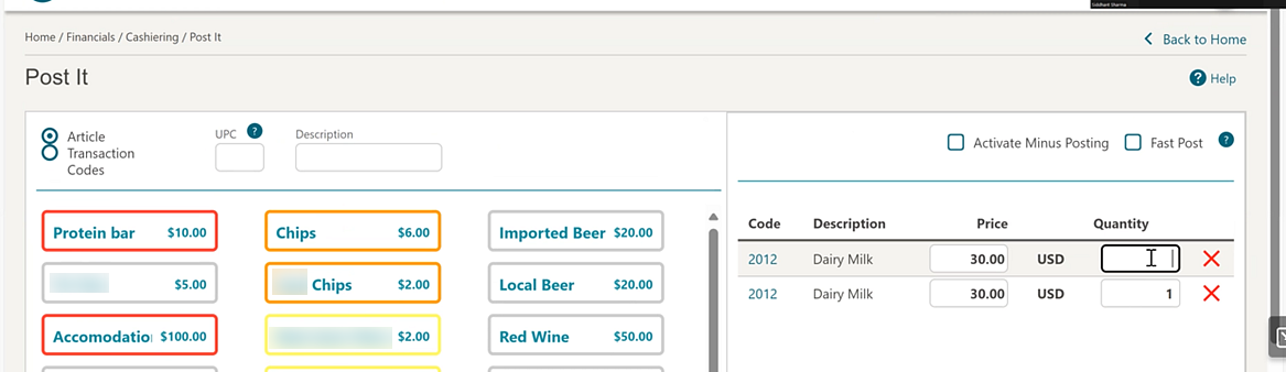 Post It screen displaying article transaction codes
