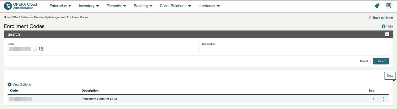 Enrollment Codes Search Screen