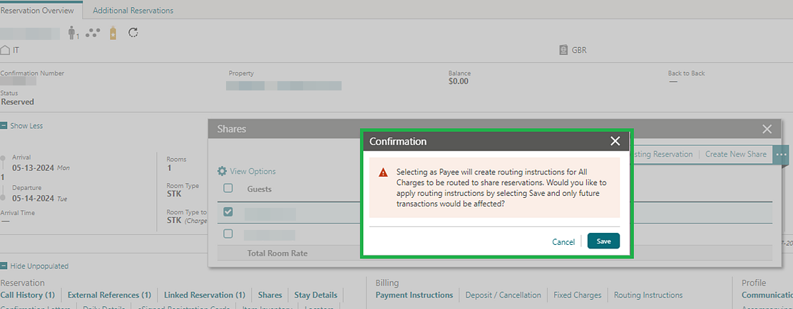 Reservation Overview, Shares Confirmation pop-up.