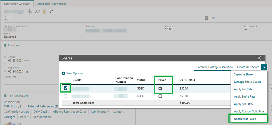 Reservation Overview, Shares, remove Payee.