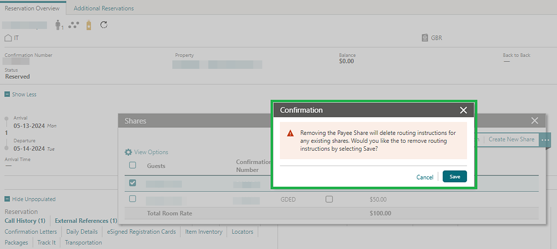 Reservation Overview, Shares, removing Payee removes routing instructions.