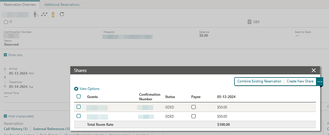 Reservation Overview, Shares, Payee checkbox no longer appears.