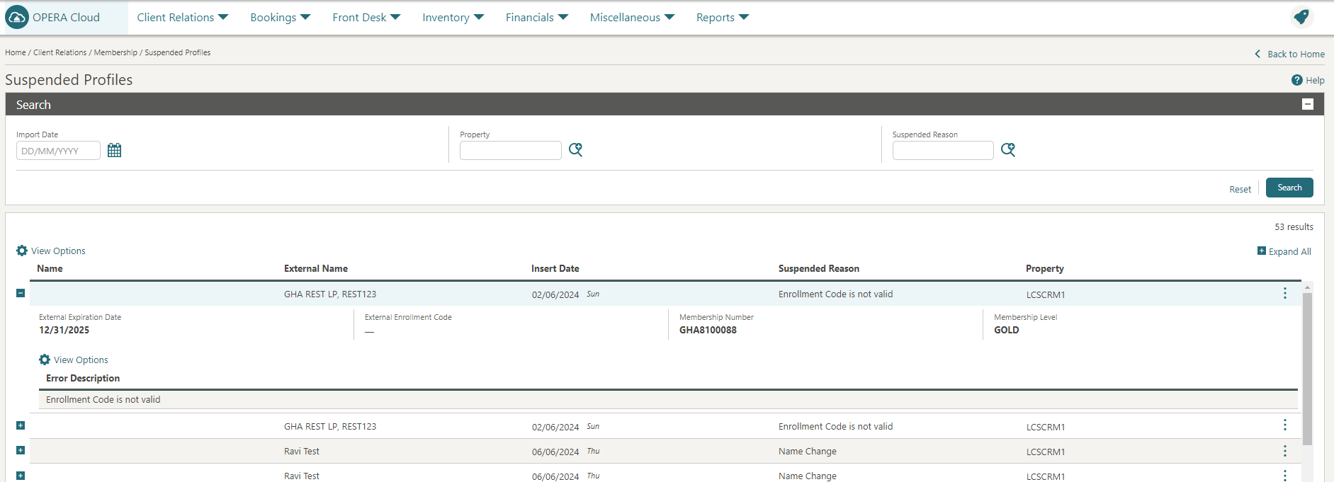 Suspended Profiles search page.