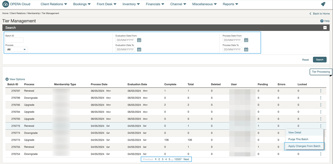 Tier Management Search screen