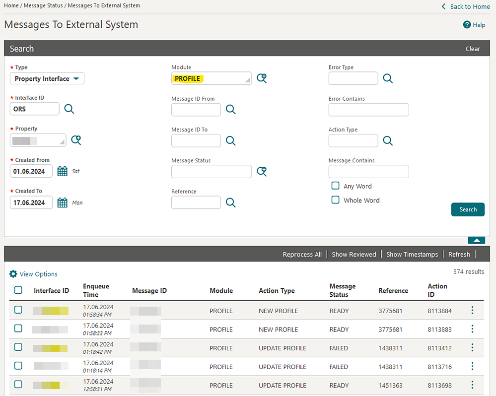 Messages to External System Search screen.