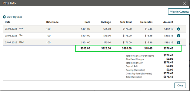 Rate Info screen showing new subtotals summary line. Rate Info screen showing new subtotals summary line.