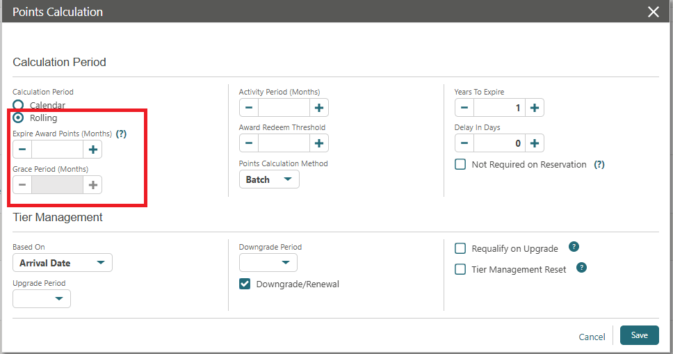The Points Calculation screen showing a blank Rolling calculation field and disabled Grace Period field. The Points Calculation screen showing a blank Rolling calculation field and disabled Grace Period field.