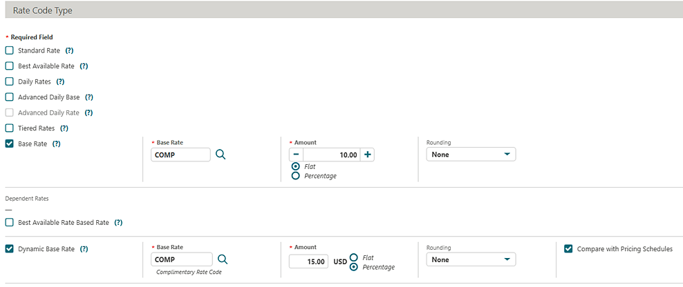 Rate Code Type screen showing both Base Rate and Dynamic Base Rate selected. Rate Code Type screen showing both Base Rate and Dynamic Base Rate selected.